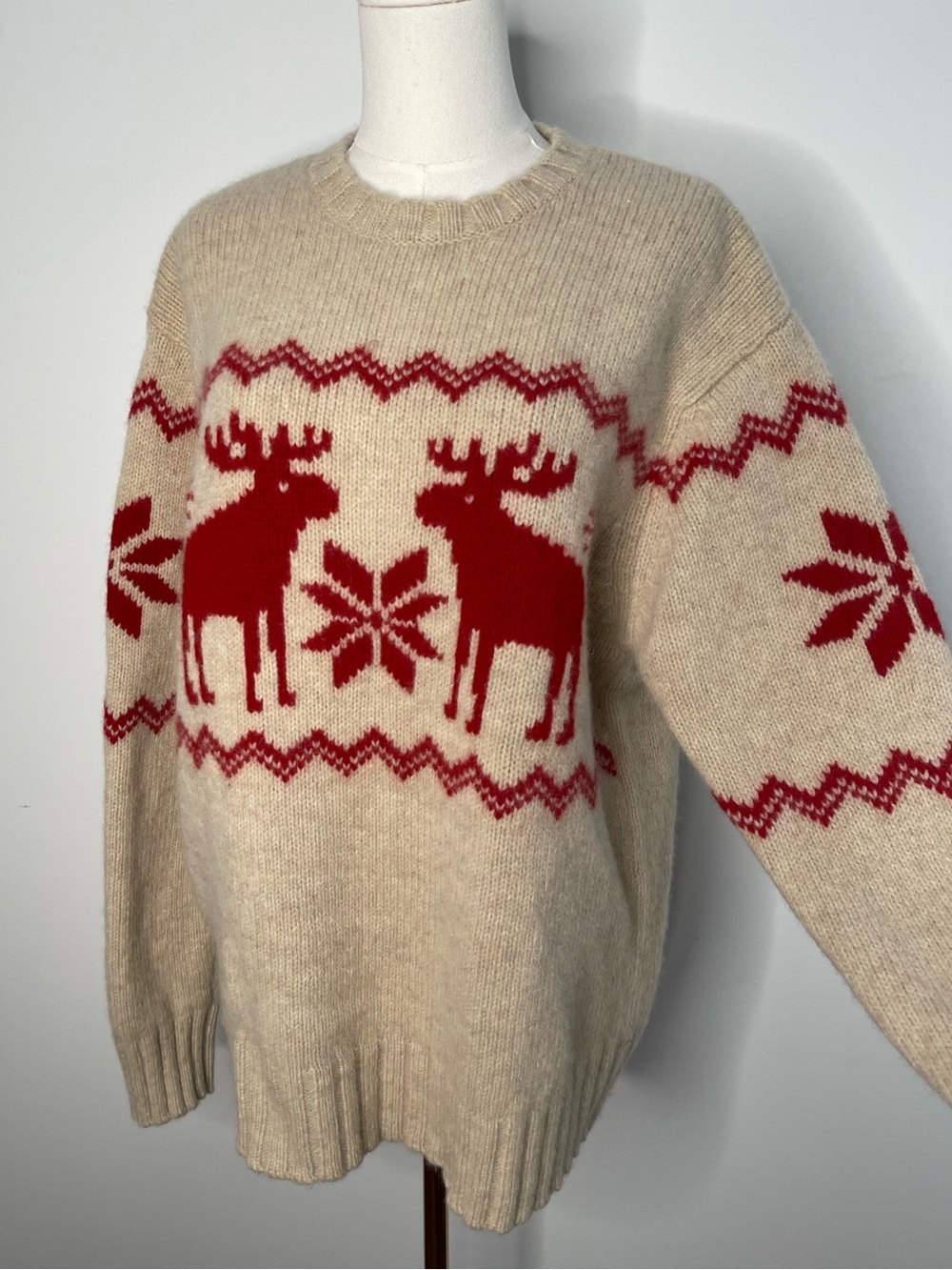 100% Wool Beige Red Gooses Ski Holidays Christmas Sweater Vintage Fair Isle